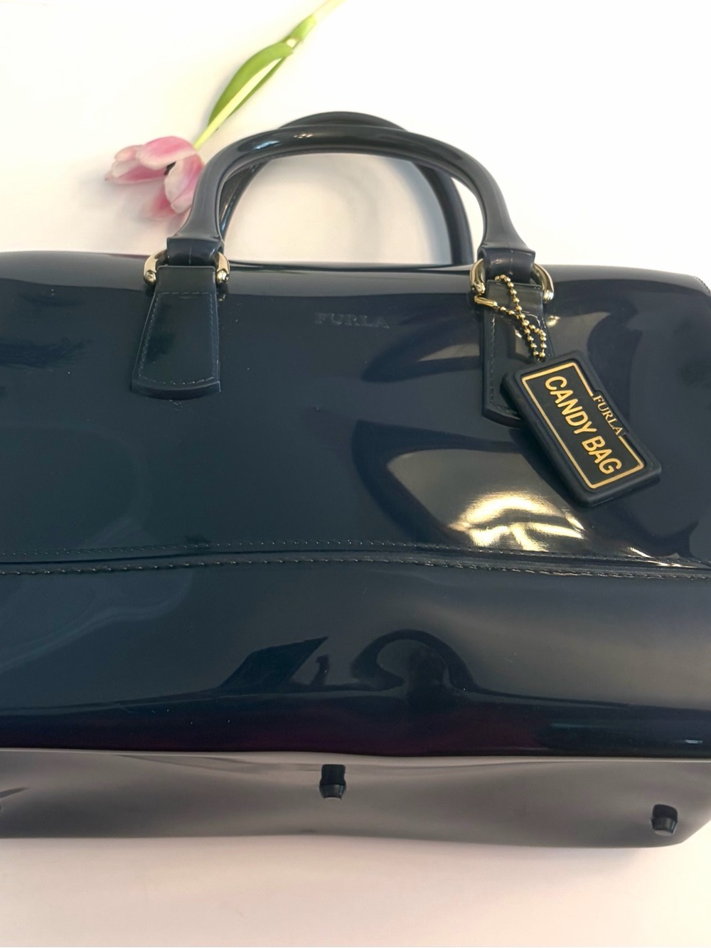 Furla Navy Patent Candy Bag Satchel - Picture 5 of 12